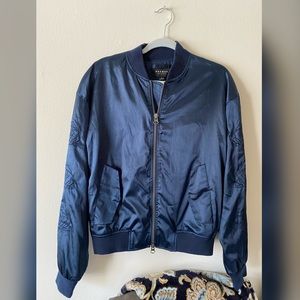 PACSUN Navy Blue Bomber Jacket w/ flower detail